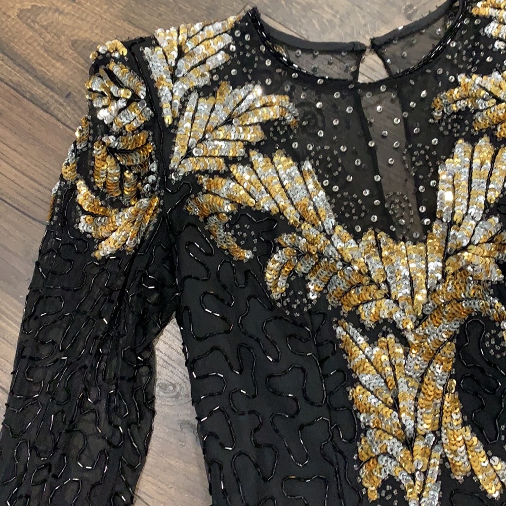 VINTAGE Laurence Kazar Pure Silk Beaded Dress Size Small, Black Gold & Sequin - Picture 3 of 15
